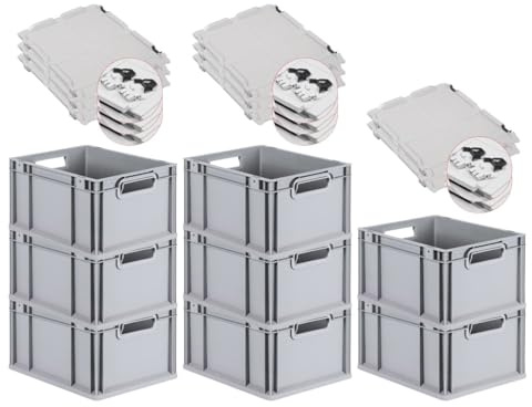 PROREGAL SuperSparSet 8x Eurobox NextGen Economy mit Scharnierdeckel & schwarzen Verschlüssen | Griffe offen | HxBxT 22x30x40cm | 20 Liter | Eurobehälter Transportbox Transportbehälter Stapelbehälter