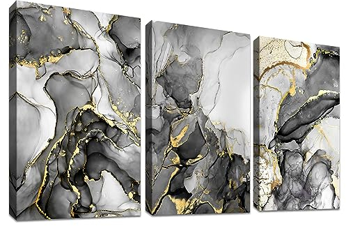 3 Pcs Grau Gold Marmor Mit Rahmen Leinwand Bilder Poster Kunstdruck Pictures Abstrakte Bild auf Leinwand Modern Wandbilder Wandposter Wohnzimmer Schlafzimmer Wanddekoration 150x70cm (20x28x3pcs)