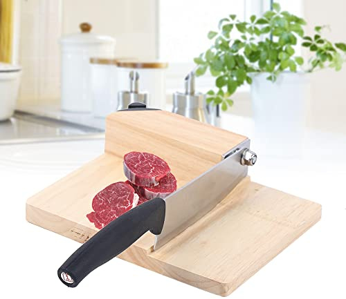 Chynalys Biltong Cutter Biltong Jerky Slicer Solid Rubber with Oak Cutting Board, Biltong Slicer with Wood Base Slicer Cutter, Stainless Steel Cutter for Meat, Fruits and Vegetables