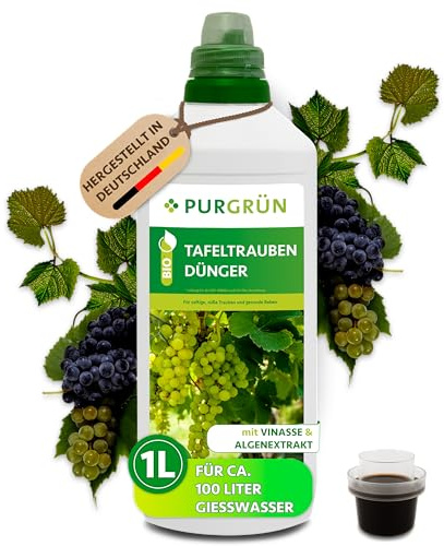 Purgrün® Bio-Tafeltrauben-Dünger 1 Liter – Organische Rezeptur – Premium-Flüssigdünger – NPK 4+1+7 – Mit Algenextrakt & Vinasse – Extra Kalium für saftig süße Trauben – Ohne tierische Inhaltsstoffe