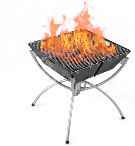 GYMAX 3-in-1 Feuerstellel 45x45x49cm, Holzkohlegril klappbar, Camping-Grill aus Edelstahl 304 mit Tragetasche & Handschuhen, Campingkocher mit Grillrosten für Picknick, Camping & BBQ