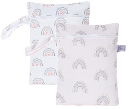 Treer 2 Stück Windeltasche Wetbag für Unterwegs, Baby Nassbeutel für Stoffwindeln, Wiederverwendbar Wasserdichte Toilettenartikel Organiser Beutel mit Reißverschluss (18x25cm,Grauer Regenbogen)