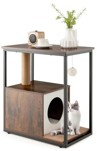 COSTWAY Mesa Auxiliar con Casa para Gatos, Tapete Rascador Extraíble, Juguete de Bola Colgante, Dispositivo Antivuelco, para Sala, Dormitorio(Marrón)