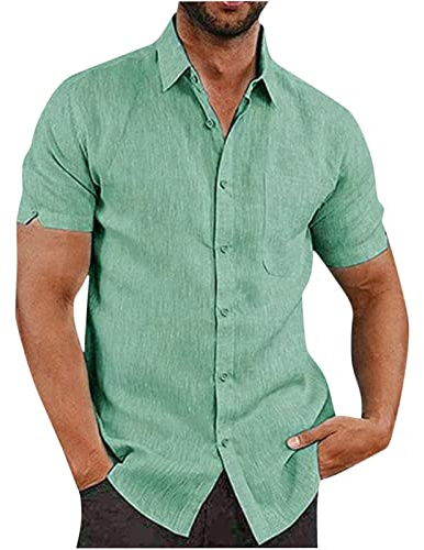 AEGJEGVD Linen Shirts Men Short Sleeve Button Down Casual Shirts Summer Hawaiian Lapel Blouses Cotton Linen Shirt Regular Fit Holiday Beach Shirt Solid Henley Shirt with Pocket UK Size 8-22 Clearance