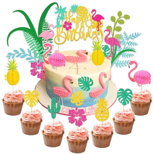 HOWAF 26pcs Flamingo Happy Birthday Cake Toppers, Glitter Flamingo Cake Topper Happy Birthday Cupcake Toppers Hibiscus Flower Plam Leave Pineapple Birthday Cake Decorations Hawaiian Party Decorations