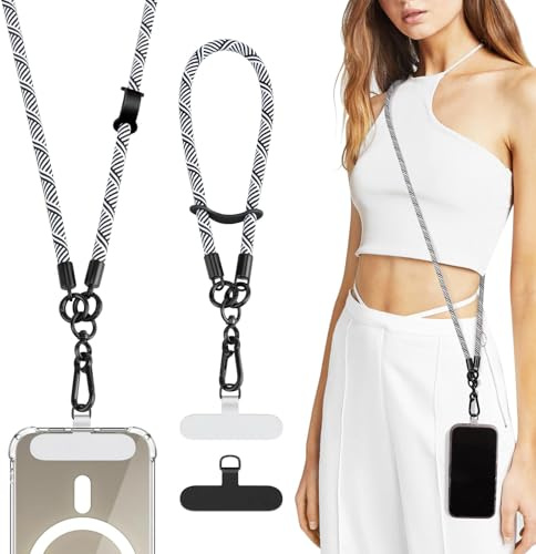 TiMOVO 2PCS Cordons de Téléphone Portable Réglables avec 1 Tour de Cou, 1 Dragonne, 2 Coussinets d'attache pour Téléphone, Sangle de Téléphone Universelle en Bandoulière pour Smartphone, Noir & Blanc