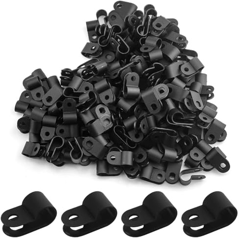200PCS 3/8 Nylon Cable Clips Assortment R-Type Cable Clip Kit Black Plastic Wire Clamps Fasteners for Wire Mounting
