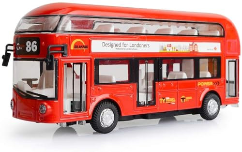 KWARE Pull Back 7 London Double Decker Bus Routemaster City Tourist Diecast with Lights, Sounds and Openable Doors, 1/50 Scale Bus Toy