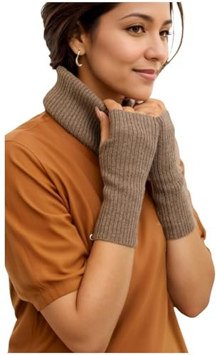 Prettystern Rippstrick Herren Damen Kaschmir Loop Kaschmirschal Cashmere Rollkragen Schlauch-Tuch Handschuhe Handstulpe Set Kamelbraun