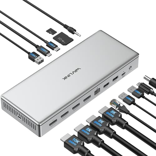 WAVLINK DL7400 10K USB C Docking Station, DisplayLink Quad 4K Dock per M1/M2/M3 Mac & Windows, dock per laptop 15 in 1 con carica 100 W, 4 DisplayPort (1.4), USB 3.2, Compatibile con nuovo MacBook Neo