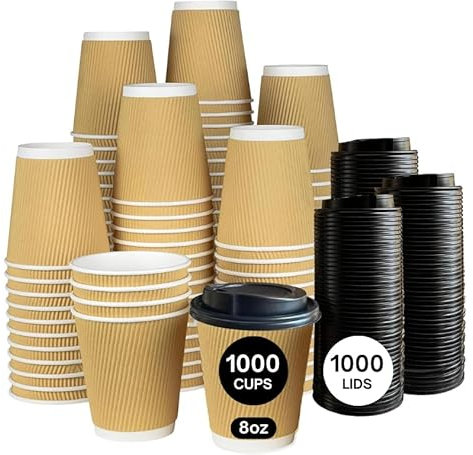 Ask Packaging Disposable Coffee Cups with Lids – 8oz x 1000 Kraft Brown Ripple Paper Cups & Lids (240ml) – Eco Friendly Insulated Leakproof Hot Drink Cups – Ideal for Takeaway, Tea, Cappuccino, Travel