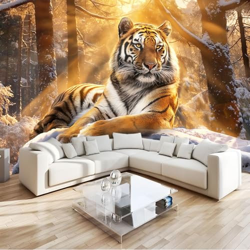 Tapete Fototapete 3D Wandtapete Tiger im Winterwald, Wandbild Wanddeko für Wohnzimmer Schlafzimmer, Schneewald mit Goldener Beleuchtung Tapeten mit Geruchsfreiheit Wandposter Wandkunst, 250x175cm