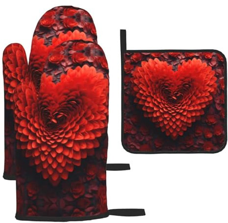 YYHWHJDE Set di 3 guanti da forno e presine per isolamento termico antiscottatura, per San Valentino, cuore rosso, fiore