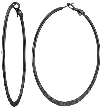 FOCALOOK Boucles d'Oreilles Créole Argent/Plaqué Or/Noir Femme Anneau 30/40/60/80 mm en Acier Inoxydable, Clous Oreilles à Motif de Marteau Plat Hoop Ear Bijou Cadeau avec Boîte