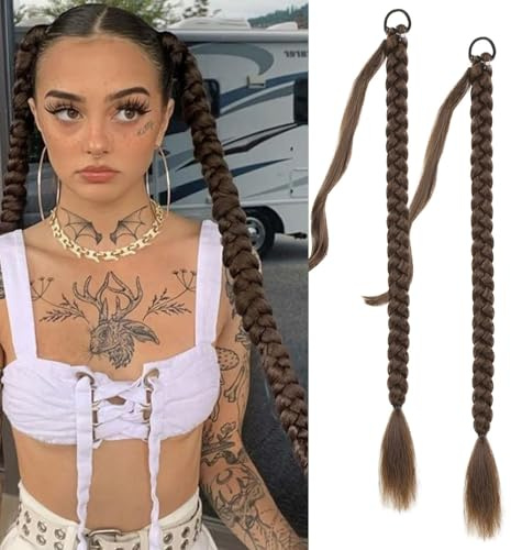 Fulang Hair 2PCS Braid Ponytail Extension, Zopf mit Haargummi, Haarteil zum Einflechten Lang Ponytail, Kunsthaar für Frauen, Geflochtener Haarteil