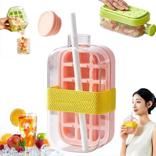 Ice Cube Bottle,2 In 1 Touch-Free Ice Cube Tray Water Bottle With Lid And Bin, Ice Cube Making Bottle, Silicone Ice Cube Tray For Water Bottles,Easy Press To Defrost In Second,for Coffee,Juice