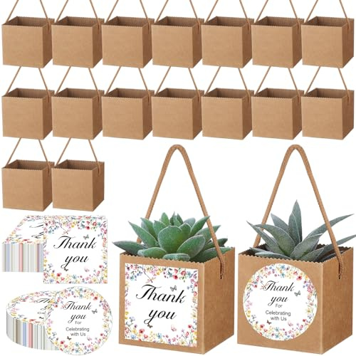 Faccito Set di 60 Sacchetti Regalo per Piante Succulente con Adesivi di Fiori Selvatici, Scatola Regalo per Piante in Carta Kraft con Manici, Adatta per Vasi da 6,35 cm, Ideale per Doccia di Benessere