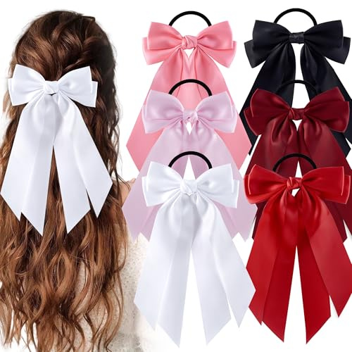 hisial 6Pcs Bow Hair Ties Non-Damage Ponytail Holders Hair Bows Ribbon for Women Fashion Bows Accessories for Girls Elastic Hair Bands(White/Pink/Red/Black)