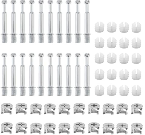 Smgda 20 Sets 3 in 1 Furniture Connection Kit, M6x40mm Dowel Bolts, Ø14mm Eccentric Cams Lock and Ø11mm Plastic Nut, Eccentric Furniture Connectors for Drawer Table Cabinets Bookshelves