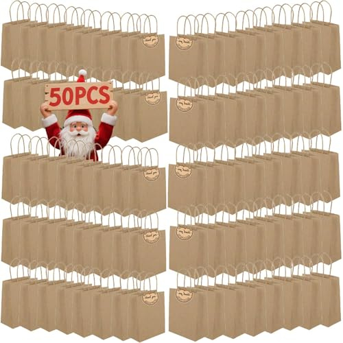 50 st små papperspåsar med handtag, presentpåsar i papper (21 x 15 x 8 cm), 130 g tjocka kraftpåsar festgåva shopping inkluderar etiketter för favor födelsedagsfest bröllop shopping detaljhandel (helt