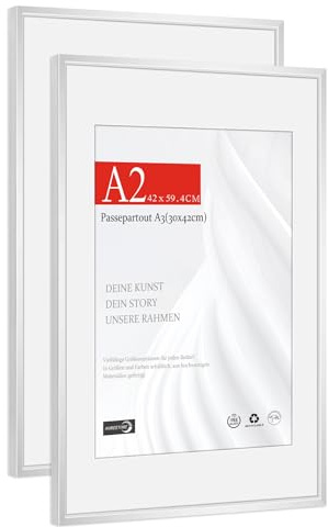 HIMEETIME® 2x Bilderrahmen A2 42x59,4 cm,Aluminium,Silber matt,Posterrahmen zum Aufhängen im Hoch- & Querformat,bruchsicheres Kunstglas,Mittlerer Posterrahmen - Nur zur Wandmontage