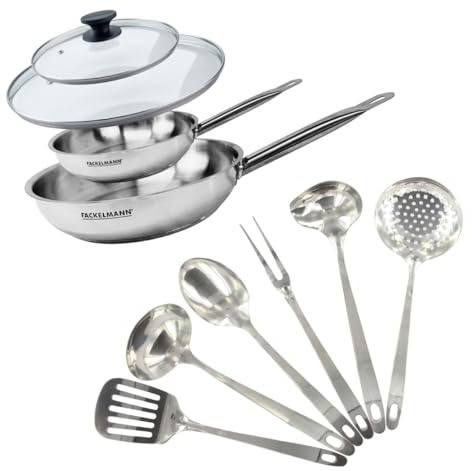 Fackelmann Set poêles inox 20 et 28 cm, couvercle et 6 ustensiles inox | Set complet pour cuisiner et servir, 2 poêles 20 et 28 cm, Couvercles verre, Inox 18 8, Compatible induction gaz vitro four