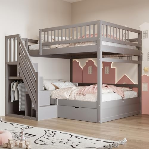 Oxtao Letto a castello 140x200, letto per bambini con scala e armadio, letto funzionale con cassetto, doghe in legno, grigio, senza materasso