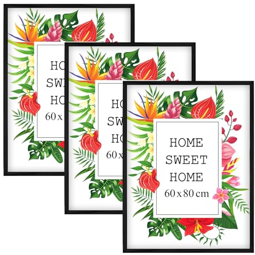 MG Design Set aus 3 Schwarz Bilderrahmen 60 x 80 cm – Aus echtem Holz mit Acrylglas, zum Aufhängen & Aufstellen, für Fotos, Poster & Puzzle
