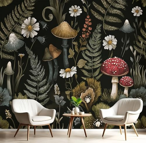GSAEIMCT Papier Peint Mural Vert Foncé Escargot Champignon Photo 3D En Soie,Pastorale Rétro Peinture Murale,Salon Chambre Arrière-Plan De La Télévision,Décoration Murale De La Maison,450X300Cm