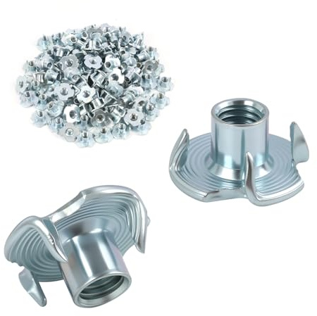 100 pcs Écrous à Griffes M6 x 9 mm, Écrous en T en Acier Carbone Zingué Antirouille, Écrou Fileté en T M6 en Acier avec 4 Griffes pour Bois et Plastique, Fixation Robuste, Meubles, Projets DIY
