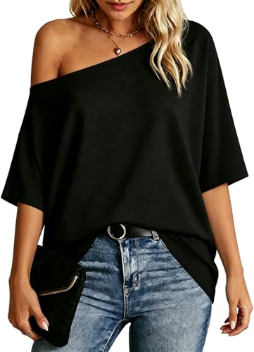 Dressmine Oversized T Shirts for Women Off The Shoulder Tops Sexy Batwing Short Sleeve Summer Casual Fashion Clothes