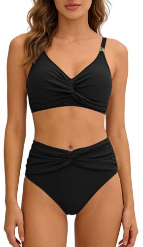 2 piece Swimsuit for Women Bikini Sets for Women UK Two Piece Tummy Control Swimsuits High Waisted Bottoms Bikinis Top Swimwear Plus Size Bathing Suits Beachwear Black XL
