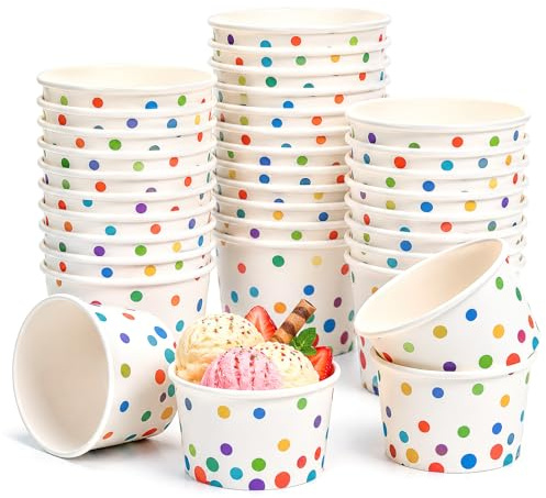Yanghad 50 Piezas Cuencos Helado Papel 165 ml, Cuencos para Helados Desechables con Cucharas, Yogur Helado y Sopa, Resistentes y Antifugas, Set para Fiestas (Patrones Lunares Coloridos)