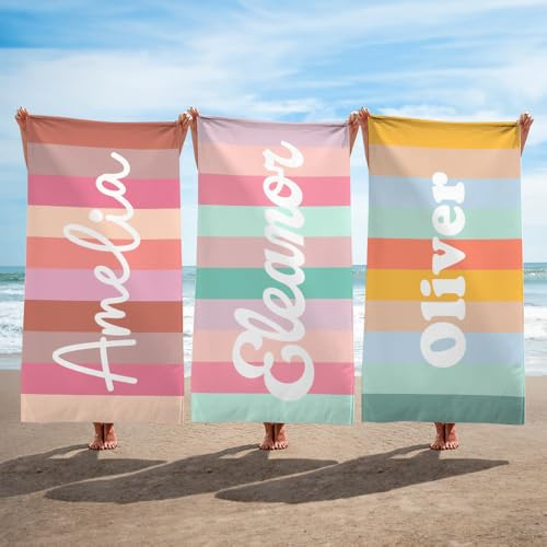 Personalisiertes Strandtuch, individueller Name, bunt, klassisch, gestreift, übergroß, schnell trocknend, Strandtücher für Erwachsene, Mikrofaser, Streifen, Druck, sandfrei, Pooldecke für Fitness