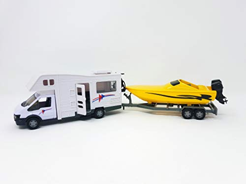 PLAYJOCS GT-6250 Camper Motorhome con Rimorchio con la barca, ca. 35cm - Die Cast Metallo Auto Car modello giochi per Bambini (4937)
