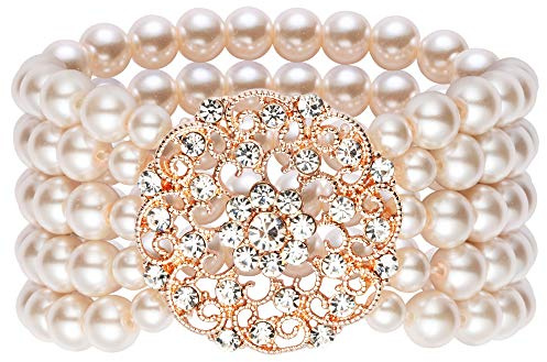 BABEYOND Bracelet en Perles Synthétiques Style Gatsby Années 1920 - Élastique Avec Décoration en Cristal (Rose Doré 2)