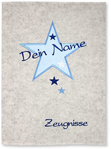 Goldi-Design Zeugnismappe Stern weiß/blau personalisiert mit Namen 100% Wollfilzumschlag und Sichtbuch DIN A4 mit 20 Hüllen