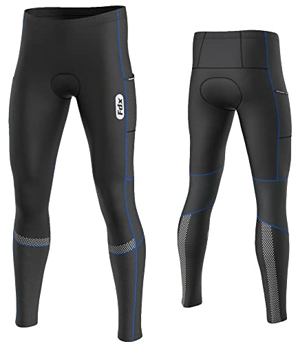 FDX Men’s Cycling Tights - 3D Anti-Bac Padded, Winter Thermal Long Cycle Pants - Breathable, Quick Dry Outdoor Bike Riding All Day Trousers - Cold Wear High-Elasticity Bicycle Leggings (Blue-L)