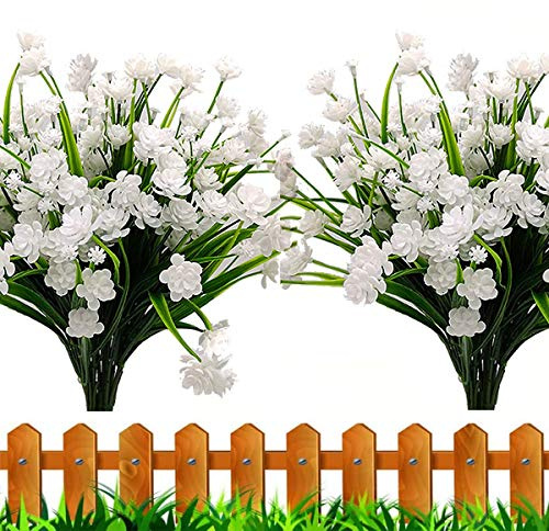Leixi Artificial Flowers, 6pcs Fake Outdoor UV Resistant Plants Faux Plastic Greenery Shrubs Indoor Outside Hanging Planter Home Kitchen Office Wedding Garden Decor (White)