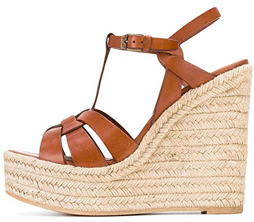 HOMDREAM High Heels Sandalen 17CM PU Hanf Seil Keil Plattform High Heel,Brown-43