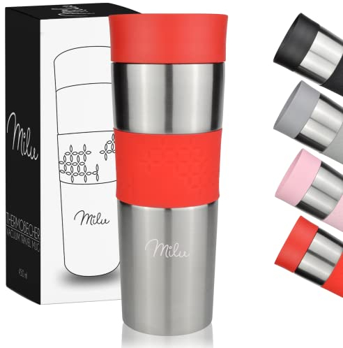 Milu Thermobecher 350ml & 450ml - Isolierbecher Kaffeebecher to go, 100% Auslaufsicher, Trinkbecher Edelstahl, Autobecher doppelwand Isolierung, Thermo Becher, Travel Mug (Rot, 450ml)