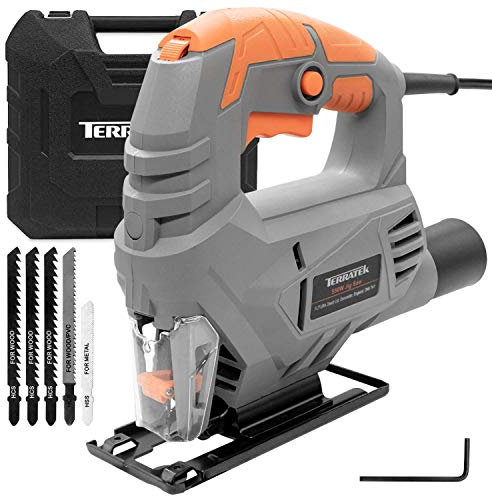 Terratek Electric Jigsaw 550W 3000SPM - 5 Speed Tool for Cutting 65mm Wood, 8mm Metal With Max 45° Angle - Includes 5 Blades, Carrying Case and Vacuum Adaptor