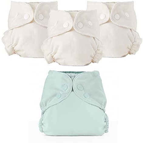 Esembly Cloth Diaper Bundle Set - 3 Organic Cotton Absorbent Inners and 1 Waterproof Outer Diaper Cover - Reusable, Washable, Snap Closure Cloth Diapers - Size 1 (7-17lbs), Mist