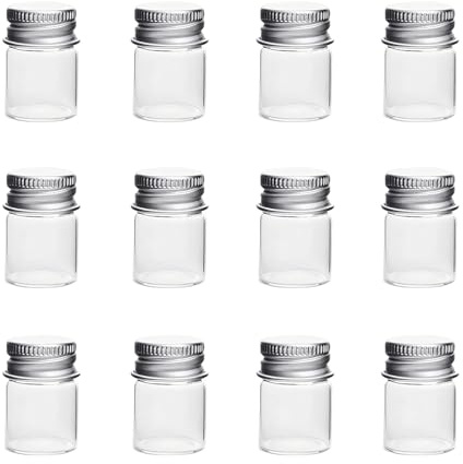 12Pcs 5ml Mini Clear Glass Bottles with Aluminum Screw Caps Empty Sample Jars Vials Wedding Favors Message Containers DIY Craft Supplies