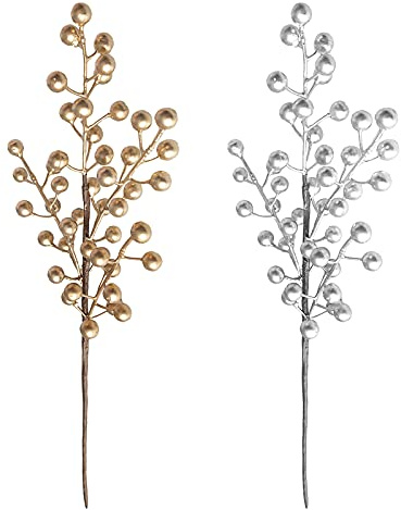 Misnode, 6 steli artificiali in oro e argento, 50 cm, con rami di bacche di agrifoglio, decorazioni natalizie e decorazioni floreali per la casa e l'artigianato