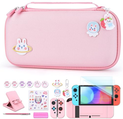 Étui NS Switch - innoAura Accessoires pour NS Switch 18 en 1 avec Etui de Transport Switch, Etui de Jeu Switch, Protection d'Ecran Switch, Support Switch, Poignées de Pouce Switch(rose)