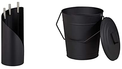 Relaxdays Kaminbesteck modern, 4-teilige Kamingarnitur & Ständer, schwarz & Ascheeimer mit Deckel, Abkühlen und Transportieren heißer Glut, Kamine, Öfen, Grills, 12 Liter, Stahl, schwarz