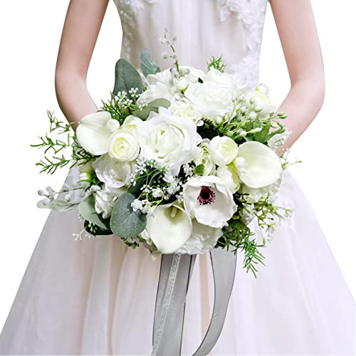 URFEDA Brautstrauß Brautstrauss Hochzeit Hochzeitssträuße aus Kristallseide brautstrauß künstlich Rose Blumen Blumenstrauß künstlich Rosen weiße Hochzeit Blumen Brautjungfer Blumensträuße