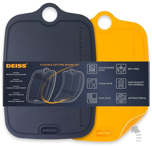 Deiss LUX Durable TPU Cutting Boards for Kitchen, Set of 2, Double-Sided Non-Slip Chopping Board, Built-in Ruler, Flexible Large Cutting Board, Deep Juice Grooves, Dishwasher Safe
