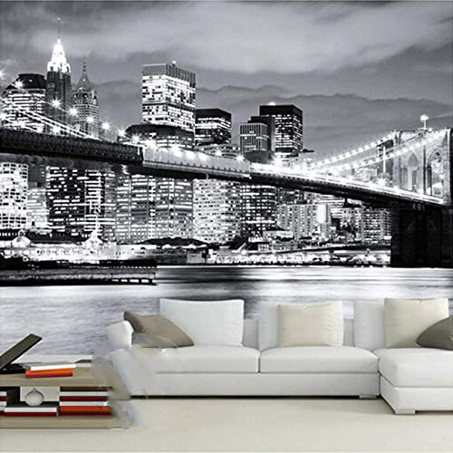 3D Pont De Vue Nocturne De La Ville En Noir Et Blanc Papiers Peints Grands Autocollants , Papiers Peints Amovibles | Papier Peint Autocollant 3D Pour Chambre D'Enfan 140 (largeur) x 70 (hauteur) cm